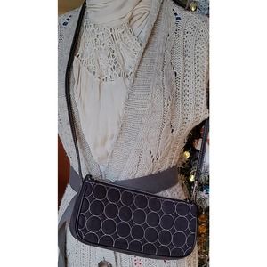 Black Mini Baguette Purse w/ Cream Circular Embroidery, Crossbody